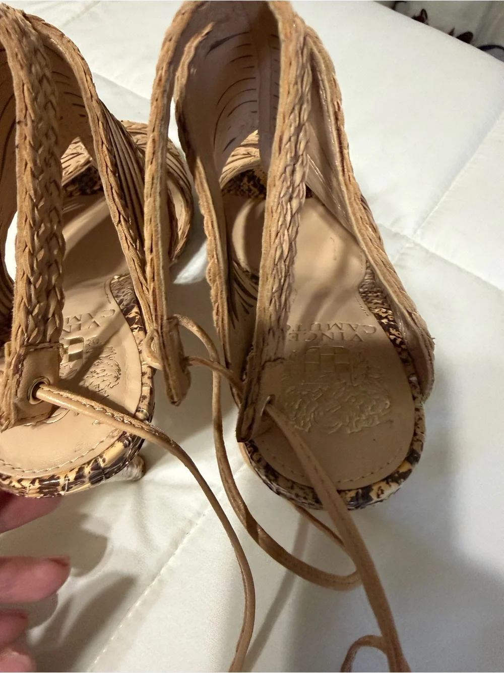 Vince Camuto Tan Braided Strappy High Heel Sandals with Snakeskin Toe